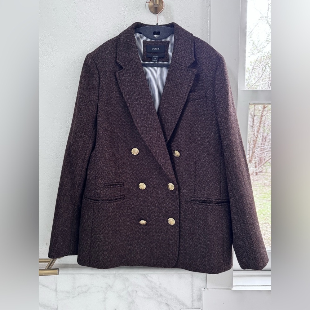 J.Crew Brown Herringbone Double Breasted BristolWool Blazer Women’s Size 10 NWOT - Picture 7 of 14